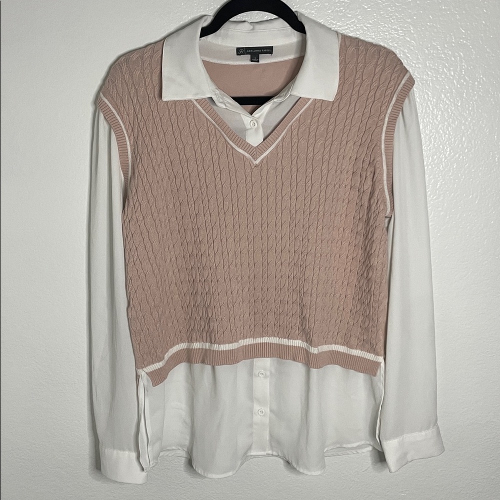 Adrianna Papell Twofer Cable Knit Long Sleeve Top Sweater Size L
